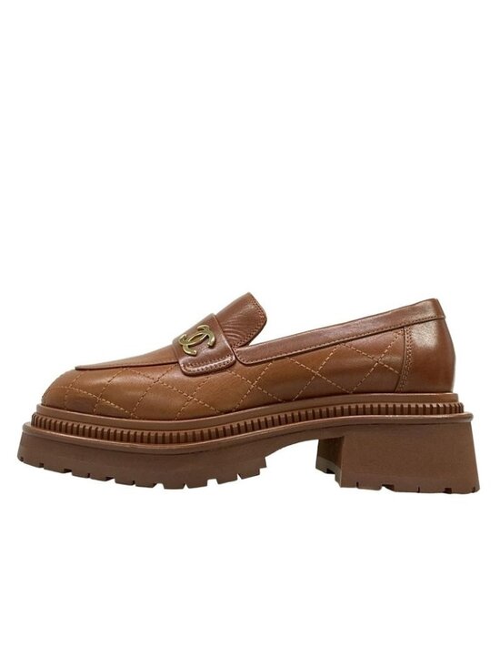 Chanel Shoes - Chanel Loafers 36 C Quilted Brown Gold CC Logo